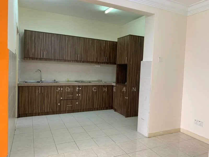Kitchen features: brown wooden cabinetry, stainless-steel sink, chrome faucet, white tiled backsplash, ceramic tile flooring, countertop with storage below, built-in stove, space for refrigerator; style: modern.