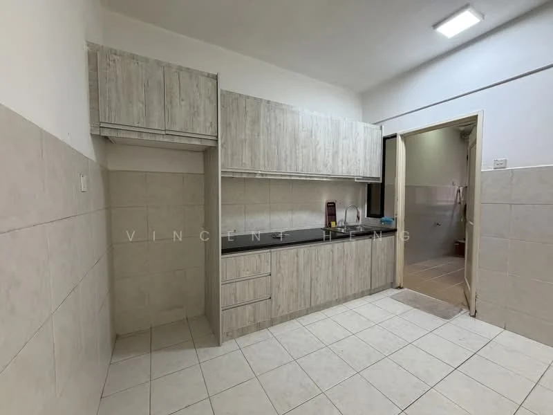 Kitchen features: light wood cabinetry, grey countertop, single-bowl stainless-steel sink, chrome pull-down faucet, ceramic tile flooring, white tiled walls, recessed ceiling lights, open shelving, built-in cabinets; style: modern.