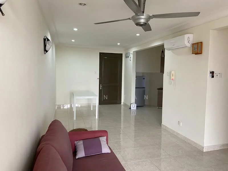 Living features: 3-seater fabric sofa in maroon, ceiling fan with integrated light, recessed downlights, wall-mounted sconce lights, glossy tile flooring, white painted walls, air conditioning unit, small side table, door leading to other rooms; style: modern. Kitchen features: fridge, kitchen cabinetry, countertop, open layout to living area; style: modern.