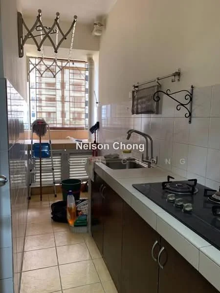 Kitchen features: single-bowl stainless-steel sink, chrome pull-down faucet, 4-burner gas hob, white tiled backsplash, dark wood cabinetry, countertop with storage underneath, window with metal grille, floor tiles in beige, hanging rack for utensils, cleaning supplies visible, open shelving, light source from window; style: modern.