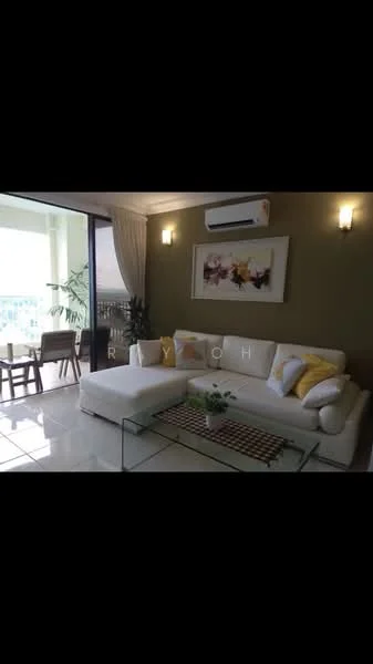 Living features: L-shape sectional sofa in white, glass coffee table, decorative throw pillows in yellow and white, wall-mounted air conditioning unit, framed artwork on wall, recessed downlights, floor-to-ceiling windows, curtains, tile flooring, indoor plants, area rug with geometric pattern; style: modern; view: city.