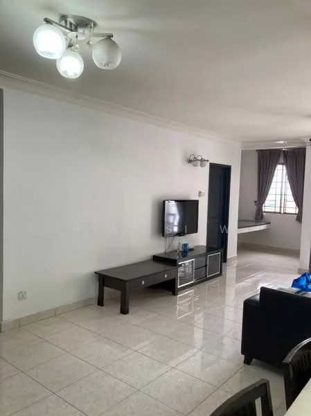 Living features: white painted walls, glossy tile flooring, ceiling light fixture with three bulbs, wall-mounted light fixture, TV console, wall-mounted TV, sofa in dark color, window with sheer curtains, corner window seat, decorative items on console; style: modern.