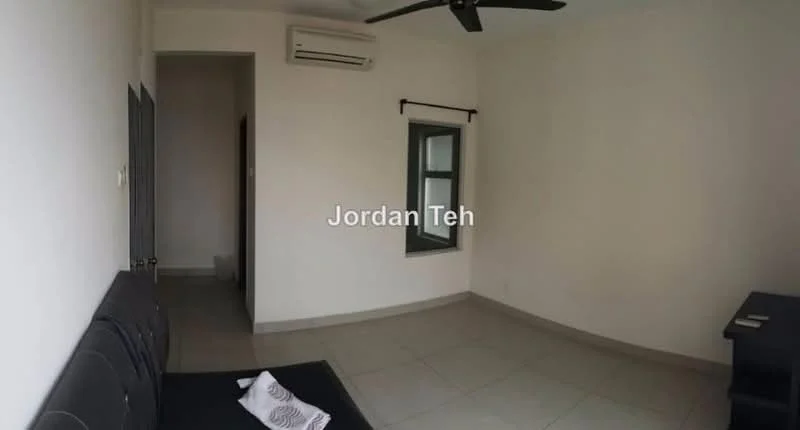 Room features: white painted walls, grey tiled flooring, ceiling fan, wall-mounted split AC, single window, doorway leading to another room, black sofa, dark wooden side table.
