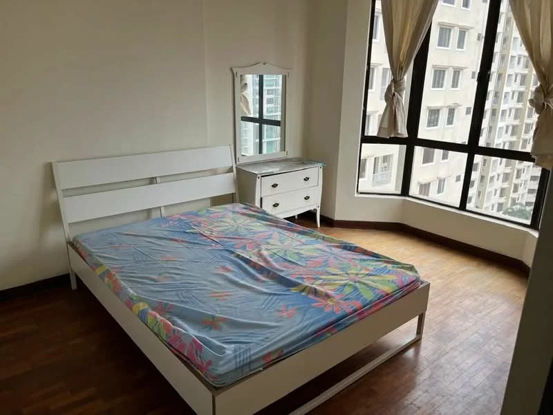 Bedroom features: queen-size bed, white wooden bed frame, mattress with floral pattern, wooden flooring, large windows with city view, curtains, dressing table with mirror, white bedside drawer; style: modern; view: city.
