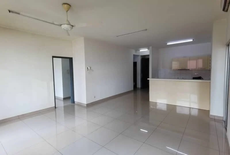 Living features: glossy ceramic tile flooring, white painted walls, ceiling fan, recessed downlights, open layout, large windows, neutral color scheme, kitchen counter with bar seating; style: modern.