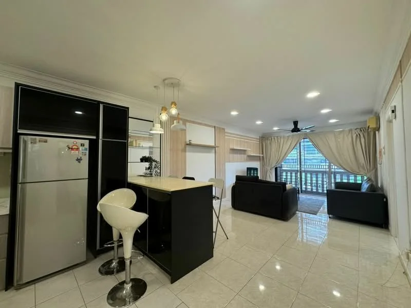 Kitchen features: stainless-steel fridge, black cabinetry, white countertop, bar stools, pendant lighting; style: modern. Living features: 3-seater fabric sofa in black, coffee table, TV console, wall-mounted TV, floor-to-ceiling windows, curtains, ceiling fan with light, recessed downlights; style: modern.