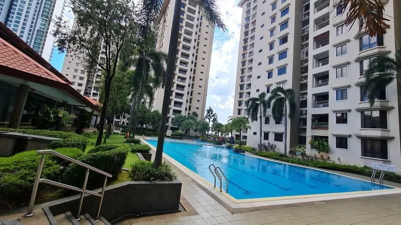 Exterior type: high-rise condominium; features: swimming pool, landscaped garden, manicured lawn, palm trees, walking path, pool deck with loungers, multiple storey buildings, covered pavilion, staircase leading to pool area; style: modern.
