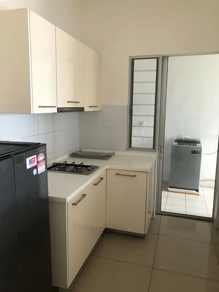 Kitchen features: white cabinetry with flat-panel doors, stainless-steel gas hob, white countertop, black fridge, tile backsplash, grey tiled flooring, window with sliding glass, door leading to laundry area; style: modern.