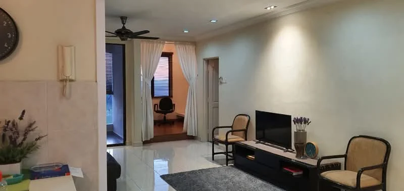 Living features: white painted walls, glossy tile flooring, 5-blade ceiling fan with light, wall-mounted TV, TV console, 2-seater rattan chairs, area rug with geometric pattern, curtains, decorative vase, wall clock; style: modern; view: city. Room features: doorway leading to another room, office chair visible in adjacent room.