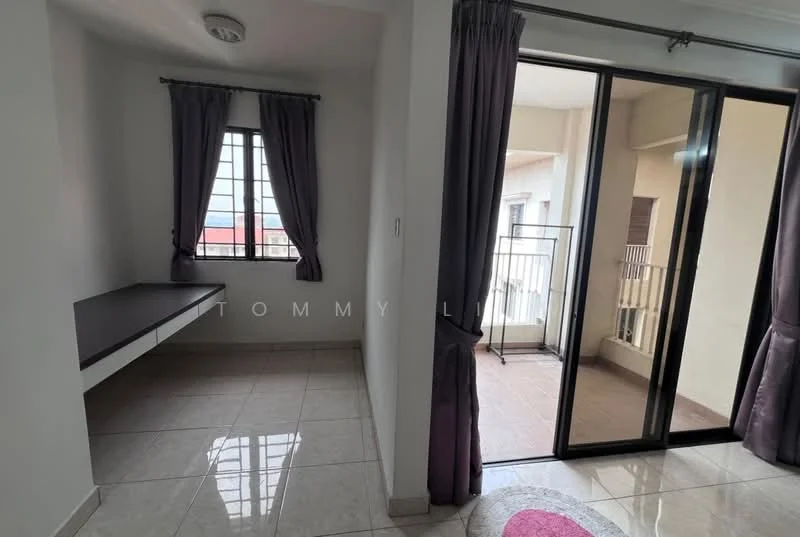 Room features: white painted walls, ceramic tile flooring, floor-to-ceiling windows, sliding glass door, curtains, built-in desk, balcony access, natural light; style: modern.