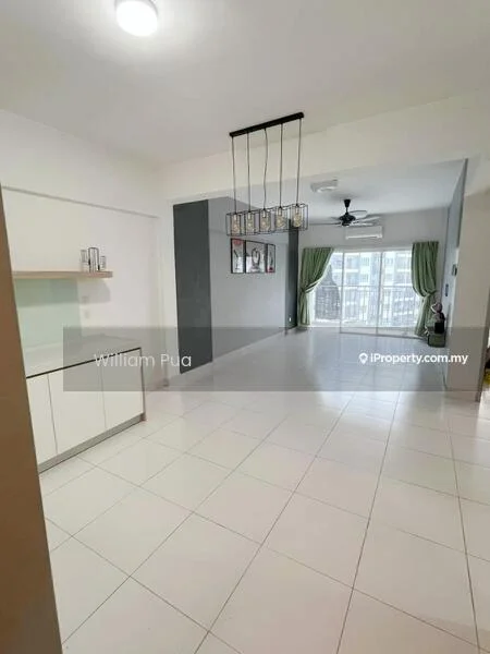 Living features: white painted walls, grey accent wall, tile flooring, 5-blade ceiling fan with light, hanging pendant light fixture, floor-to-ceiling windows, curtains, open layout, decorative wall art; style: modern; view: city.