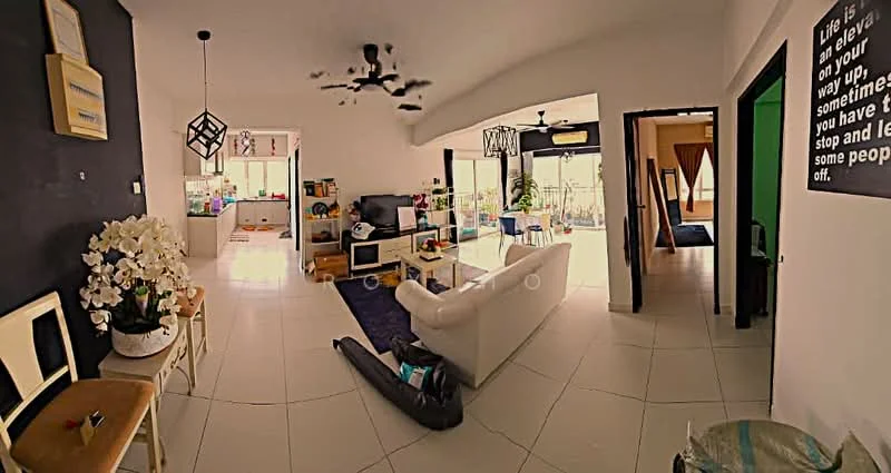 Living features: white leather sofa, 3-seater sofa, coffee table, area rug, ceiling fan with light, wall-mounted TV, decorative wall art, potted plants, large windows with sheer curtains, tile flooring, light-colored walls, black accent wall, open layout, decorative mirror; style: modern; view: garden. Room features: dining table, kitchen cabinets, green wall, doorway leading to another room.