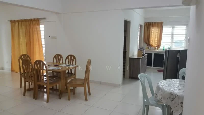 Dining features: wooden dining table with 6 chairs, cream tablecloth, white walls, tile flooring, curtains in orange, natural light from window; style: modern. Kitchen features: kitchen cabinets in grey, black refrigerator, white countertop, window with horizontal slats, tile flooring; style: modern.