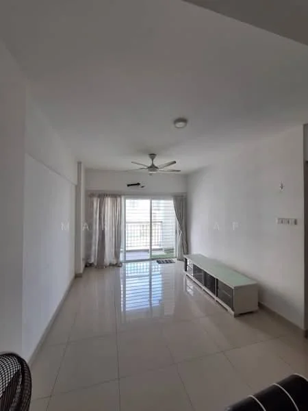 Living features: white painted walls, glossy ceramic tile flooring, 5-blade ceiling fan with light, sliding glass door, floor-to-ceiling windows, sheer curtains, TV console, natural light from windows, neutral color palette, recessed ceiling lights; style: modern; view: garden.