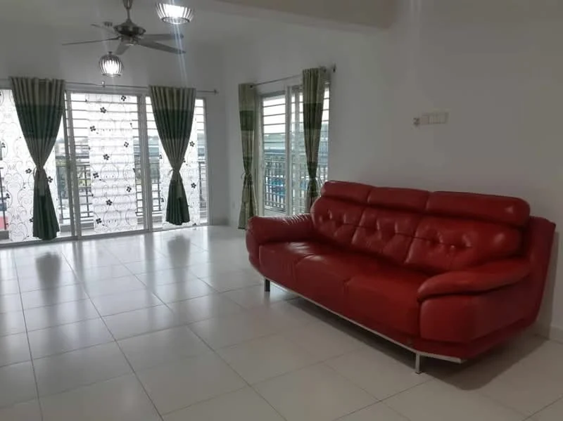 Living features: red leather sofa, white tiled flooring, ceiling fan with light, floor-to-ceiling windows, sheer curtains, green curtains, white painted walls, open layout; style: modern.