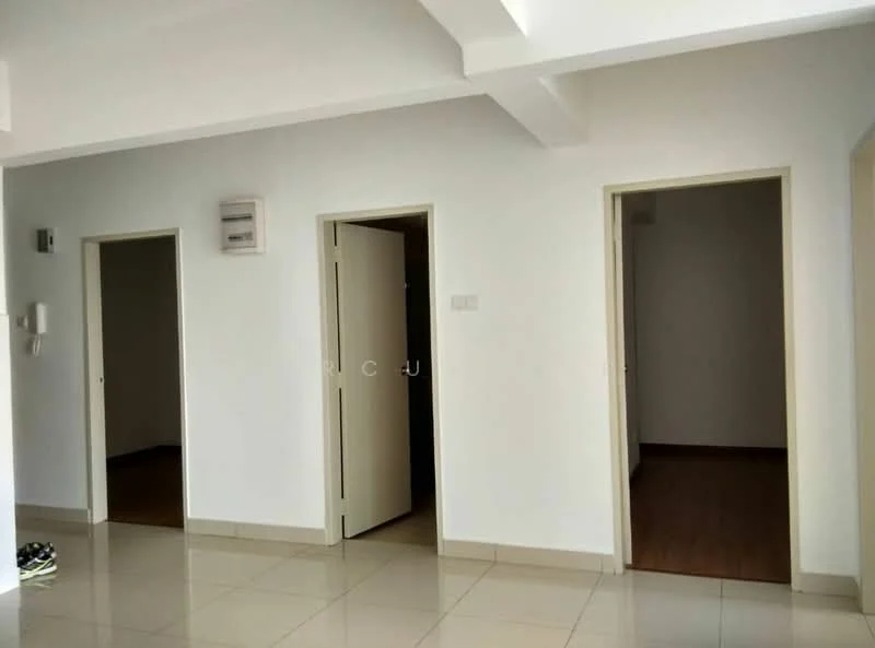 Room features: white painted walls, tile flooring, recessed ceiling, door frames, multiple doorways, wall-mounted air conditioning unit; style: modern.