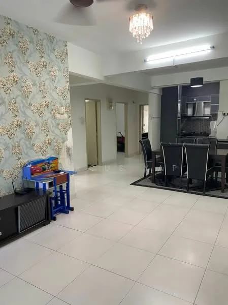 Living features: white painted walls, floral wallpaper accent wall, polished ceramic tile flooring, chandelier light fixture, 5-blade ceiling fan, dining table with chairs, TV console, children's play table, open layout, kitchen area visible in background; style: modern.