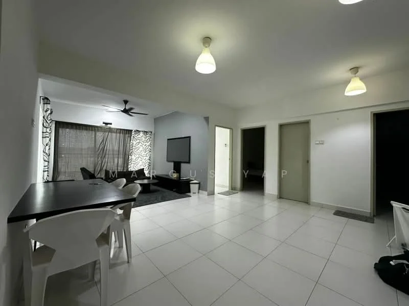 Living features: white painted walls, tile flooring, 5-blade ceiling fan with light, wall-mounted TV, black TV console, sofa in dark fabric, curtains with geometric pattern, area rug, light fixtures, open layout to dining area; style: modern. Dining features: black dining table, white plastic chairs, tile flooring, light fixtures; style: modern. Room features: grey doors, white walls, tile flooring.