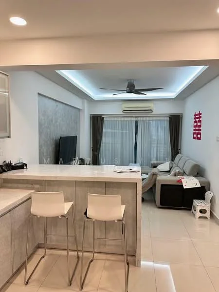 Kitchen features: white cabinetry, grey countertop, bar seating with two stools, recessed downlights, open layout to living area; style: modern. Living features: sofa in light grey, coffee table, wall-mounted TV, ceiling fan, curtains, light-colored walls, tile flooring, air conditioning unit; style: modern.