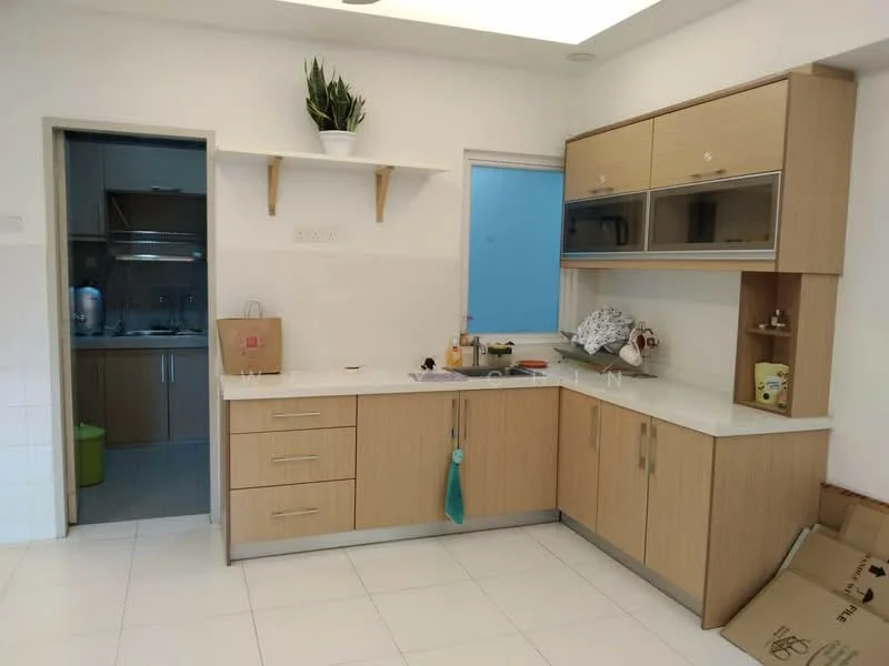 Kitchen features: light wood cabinetry, white countertop, single-bowl stainless-steel sink, chrome pull-down faucet, built-in upper cabinets with glass doors, open shelving, white tiled backsplash, white walls, recessed ceiling lights, floor tiles in white, window with blue glass, kitchen utensils on countertop; style: modern.