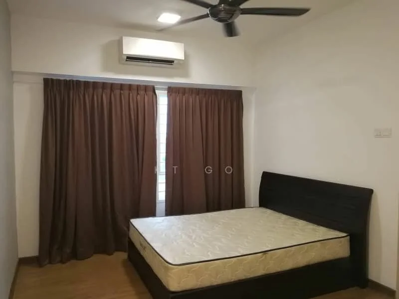 Bedroom features: wooden flooring, white painted walls, brown curtains, window with blinds, queen-size bed, ceiling fan, wall-mounted air conditioning unit; style: modern.
