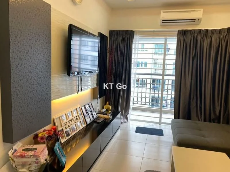 Living features: wall-mounted TV, black TV console, decorative photo frame display, grey fabric sofa, floor-to-ceiling windows, sheer curtains, blackout curtains, air conditioning unit, light-colored tiled flooring, decorative items on console; style: modern; view: city.