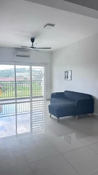 Living features: 3-seater fabric sofa in navy blue, floor-to-ceiling windows, white painted walls, glossy ceramic tile flooring, ceiling fan, wall-mounted split AC, decorative wall art, sliding glass door, view of greenery; style: modern; view: garden.