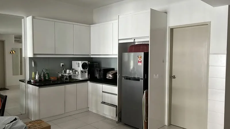 Kitchen features: white shaker cabinets, black countertop, stainless-steel fridge, built-in microwave, coffee machine, kettle, toaster, ceramic tile flooring, wall-mounted cabinets, sink, chrome pull-down faucet, white tiled backsplash; style: modern.