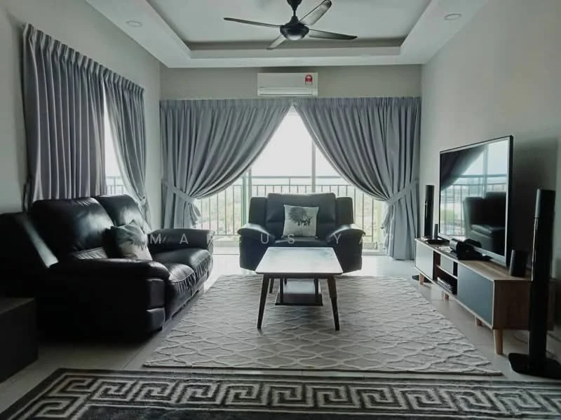 Living features: 3-seater leather sofa in black, 2-seater leather sofa in black, coffee table with wooden top, area rug with geometric pattern, floor-to-ceiling windows, sheer curtains, blackout curtains, ceiling fan with light, wall-mounted TV, TV console, decorative pillow, recessed ceiling with crown moulding; style: modern; view: city.