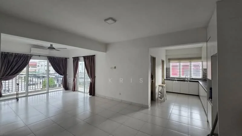 Living features: white painted walls, tile flooring, 5-blade ceiling fan with light, floor-to-ceiling windows, sliding glass door, sheer curtains, area rug, open layout to kitchen, natural light, balcony access; style: modern; view: city. Kitchen features: white cabinetry, countertop, window, tile flooring, open layout to living area; style: modern.