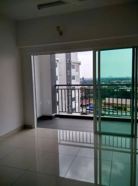 Living features: white painted walls, glossy ceramic tile flooring, floor-to-ceiling sliding glass door, balcony access, city view, recessed ceiling lights, air conditioning unit, neutral color scheme; style: modern; view: city.