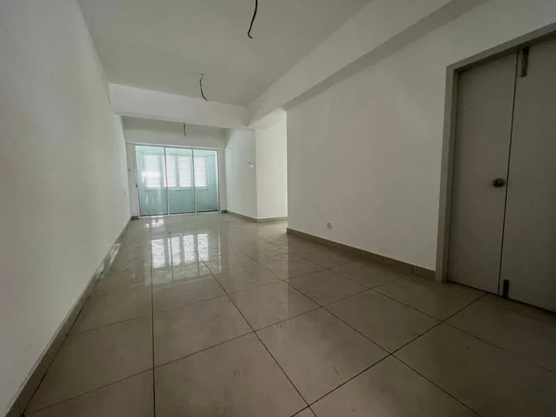 Room features: white painted walls, glossy ceramic tile flooring, sliding glass door, floor-to-ceiling windows, high ceiling, no visible lighting fixtures, neutral color scheme, minimalist design; style: modern.