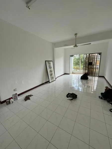 Living features: white painted walls, glossy white tile flooring, 5-blade ceiling fan, large sliding glass door, window with view of greenery, decorative framed artwork, open layout, natural light from windows; style: modern; view: garden.
