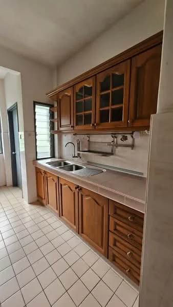 Kitchen features: brown wooden cabinetry, double-bowl stainless-steel sink, chrome pull-down faucet, ceramic tile backsplash, countertop with beige tiles, built-in oven, stainless-steel range hood, kitchen drawers, window with grid pattern, tile flooring, open shelving; style: traditional.