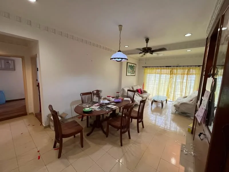 Living features: cream painted walls, white ceiling with recessed lighting, 5-blade ceiling fan, large windows with sheer yellow curtains, tile flooring, round dining table with four wooden chairs, sofa with white upholstery, decorative wall art, light fixture with blue shade, scattered magazines and items on the table; style: contemporary.