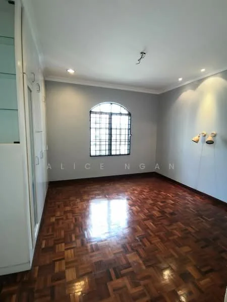 Room features: parquet wood flooring, grey painted walls, arched window with black grille, recessed downlights, wall-mounted reading lights, crown moulding, smooth ceiling, no visible furniture; style: modern.