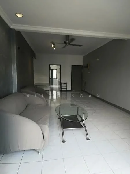 Living features: 3-seater fabric sofa in light grey, glass coffee table with metal legs, white tiled flooring, grey painted walls, ceiling fan, recessed downlights, open layout, large window, doorway leading to other rooms; style: modern.