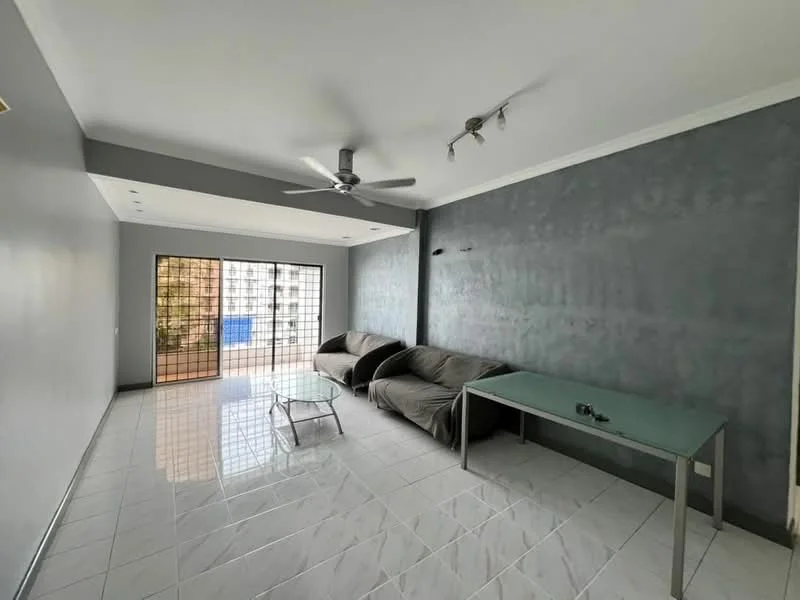 Living features: grey accent wall, white painted walls, polished ceramic tile flooring, 5-blade ceiling fan with light, sofa in grey fabric, glass coffee table, glass-top dining table, floor-to-ceiling windows, sliding glass door; style: modern; view: city.