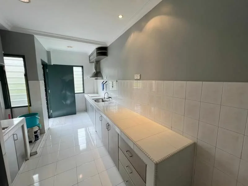 Kitchen features: white tiled flooring, grey painted walls, white tiled backsplash, single-bowl stainless-steel sink, chrome pull-down faucet, built-in kitchen cabinets, countertop with storage, exhaust hood, window with green frame, door leading outside, recessed downlights; style: modern.