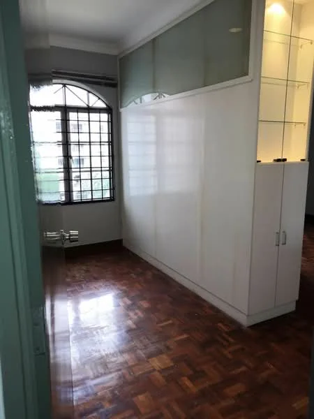 Room features: wood parquet flooring, white painted walls, large window with grid pattern, built-in cabinetry, glass display shelves, natural light, corner space, neutral color scheme; style: modern; view: garden.