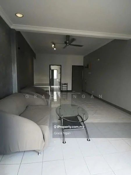 Living features: light grey fabric sofa, coffee table, white tiled flooring, grey accent wall, ceiling fan, recessed downlights, wall-mounted TV, open layout, large windows, neutral color palette; style: modern.