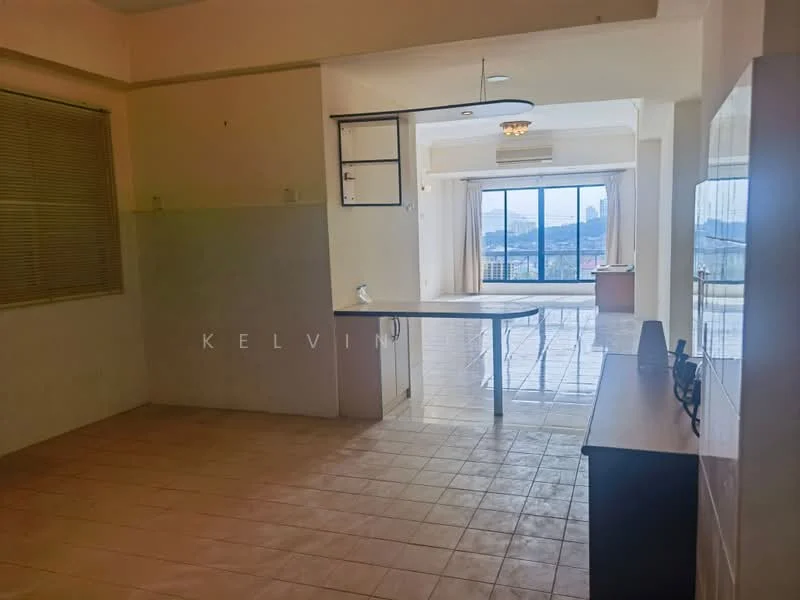 Room features: tile flooring, white painted walls, large windows with city view, ceiling light fixture, open layout, countertop, built-in cabinetry, air conditioning unit; style: modern; view: city.