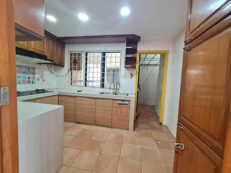 Kitchen features: brown wooden cabinetry, white countertop, stainless-steel sink, chrome pull-down faucet, gas hob, built-in oven, tile backsplash, tile flooring, window with security bars, open shelving, exposed light fixtures, wall-mounted cabinets; style: modern.
