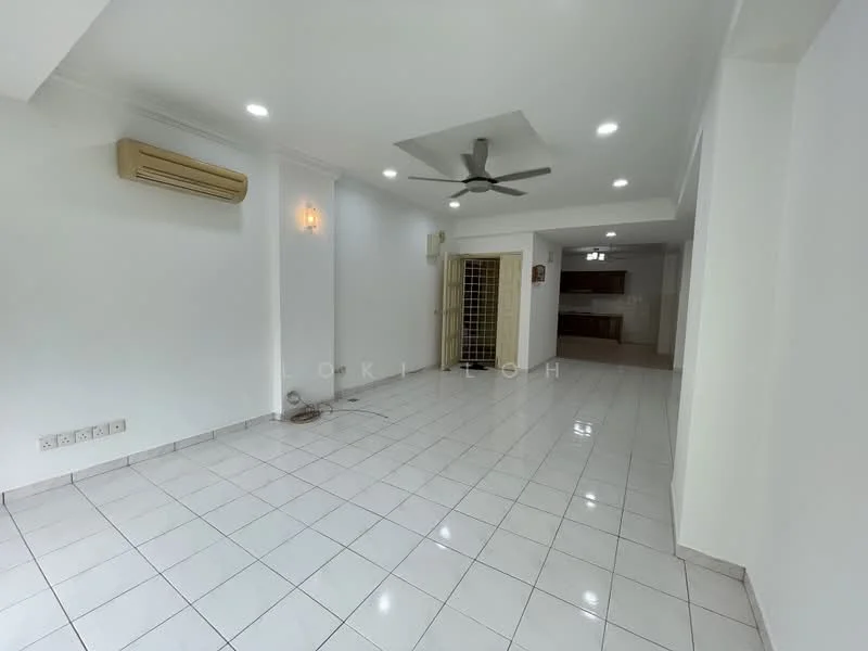 Living features: white painted walls, glossy white tile flooring, 5-blade ceiling fan with light, wall-mounted split AC, recessed LED downlights, doorway leading to kitchen, open layout, natural light from windows; style: modern.