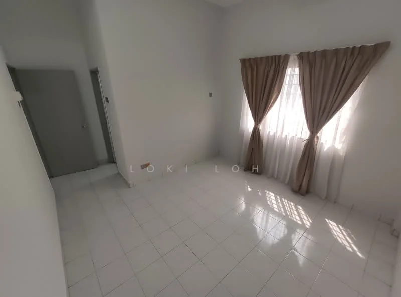 Room features: white painted walls, glossy white tile flooring, floor-to-ceiling windows, sheer curtains, natural light, neutral color scheme; style: minimalist.