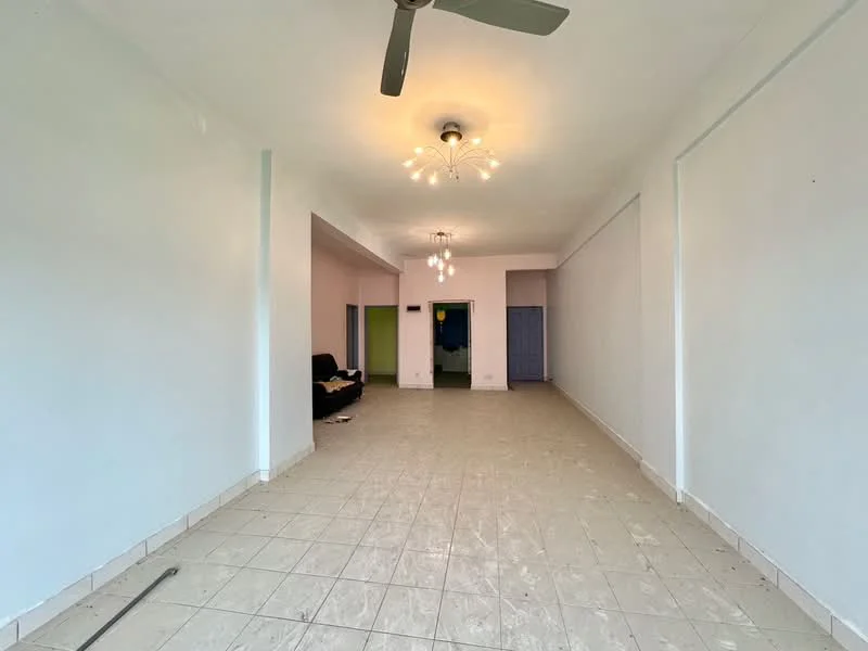 Room features: white painted walls, tile flooring, ceiling fan, chandelier light fixture, open layout, large windows, neutral color scheme, no visible furniture; style: minimalist.