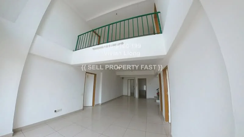 Room features: white painted walls, tile flooring, high ceiling, balcony with green railing, staircase visible, doorways leading to other rooms, natural light from windows, open layout; style: modern.