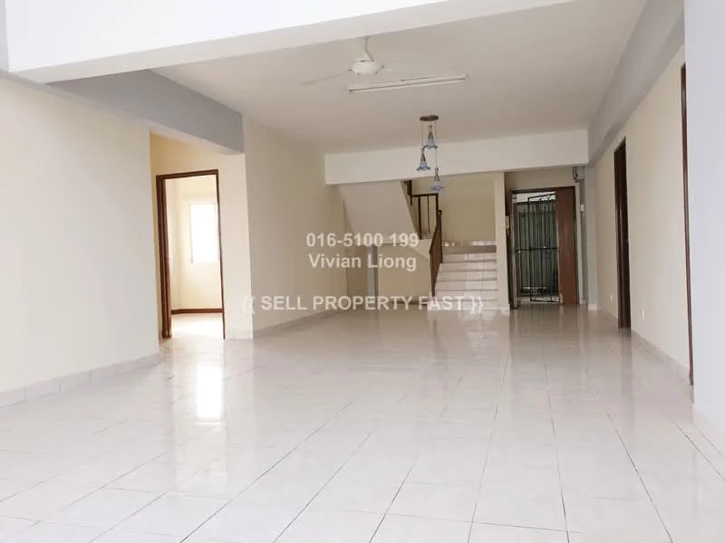 Living features: white painted walls, glossy ceramic tile flooring, ceiling fan, pendant light fixture, large windows, open layout, neutral color scheme, doorway to other rooms; style: modern. Room features: white painted walls, glossy ceramic tile flooring, large windows.
