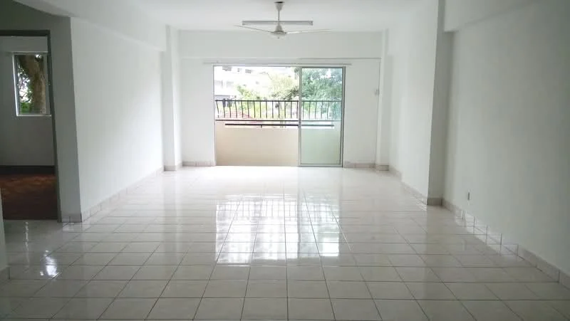 Living features: white painted walls, glossy ceramic tile flooring, 5-blade ceiling fan, floor-to-ceiling sliding glass door, balcony access, natural light from large window, neutral color scheme, open layout; style: modern; view: garden.
