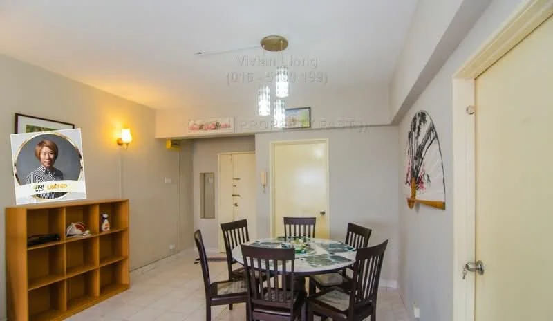 Dining features: 4-seater dining table, wooden dining chairs, cream painted walls, tile flooring, ceiling fan, wall-mounted light fixture, decorative wall art, open shelving unit, door leading to hallway; style: modern.